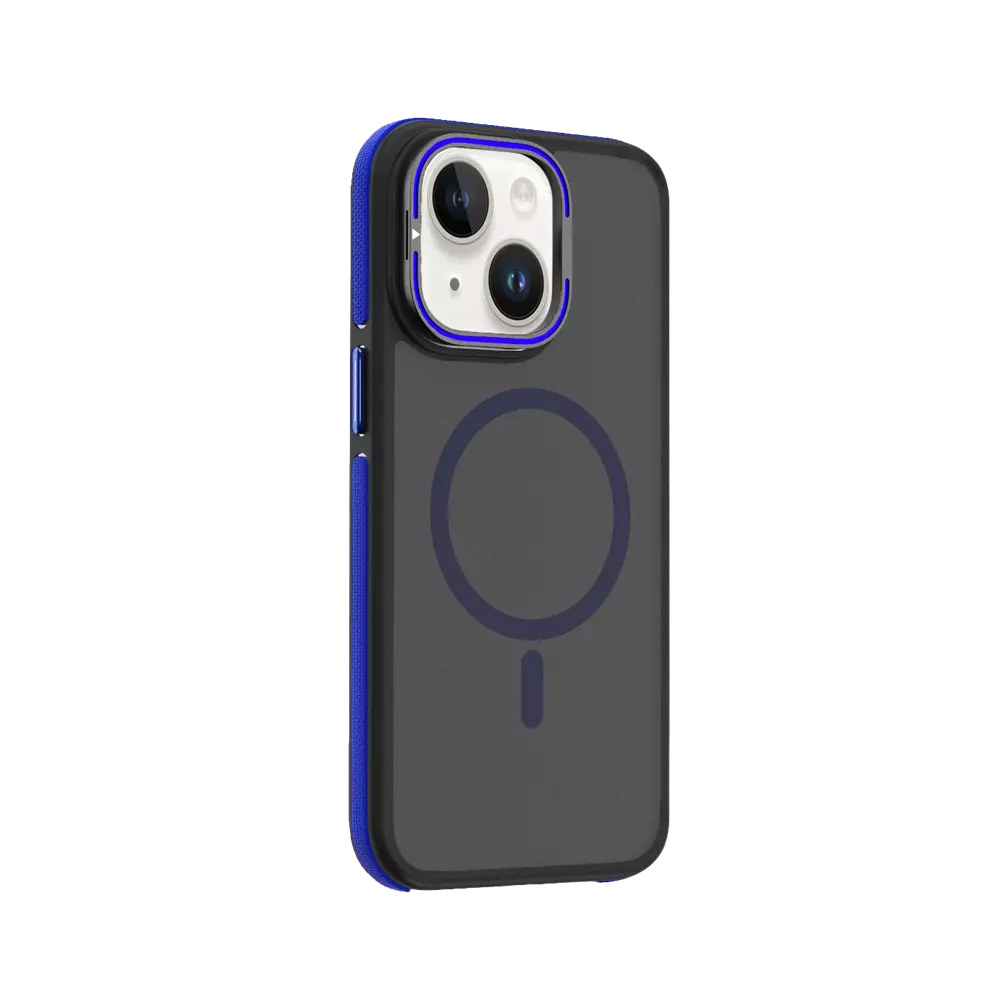 Navy ProMag Grip case fitted to an iPhone 14.