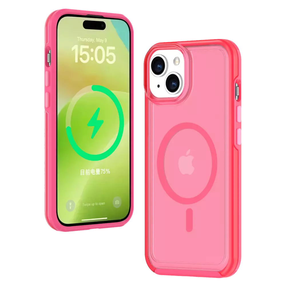Pink ProMag Matte case fitted to an iPhone 15.