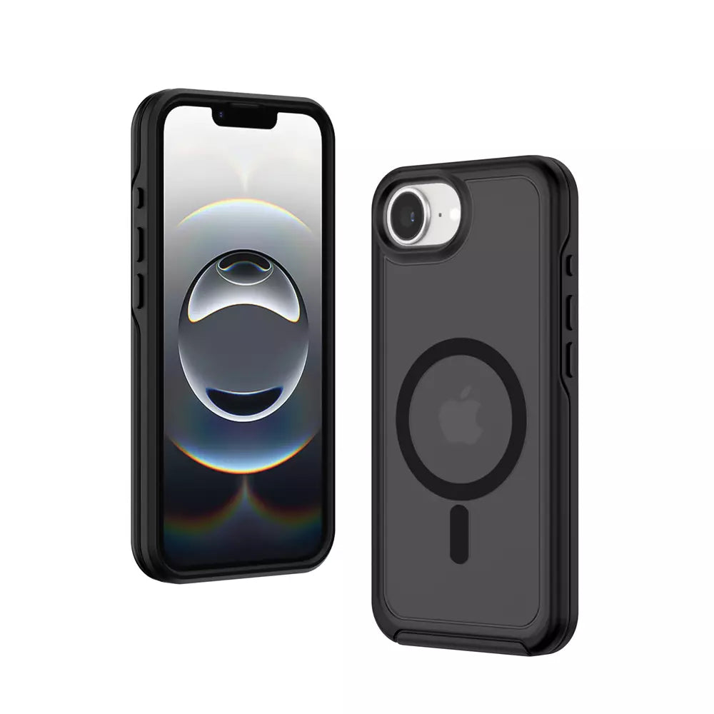 Black ProMag Matte case fitted to an iPhone 15 Plus.
