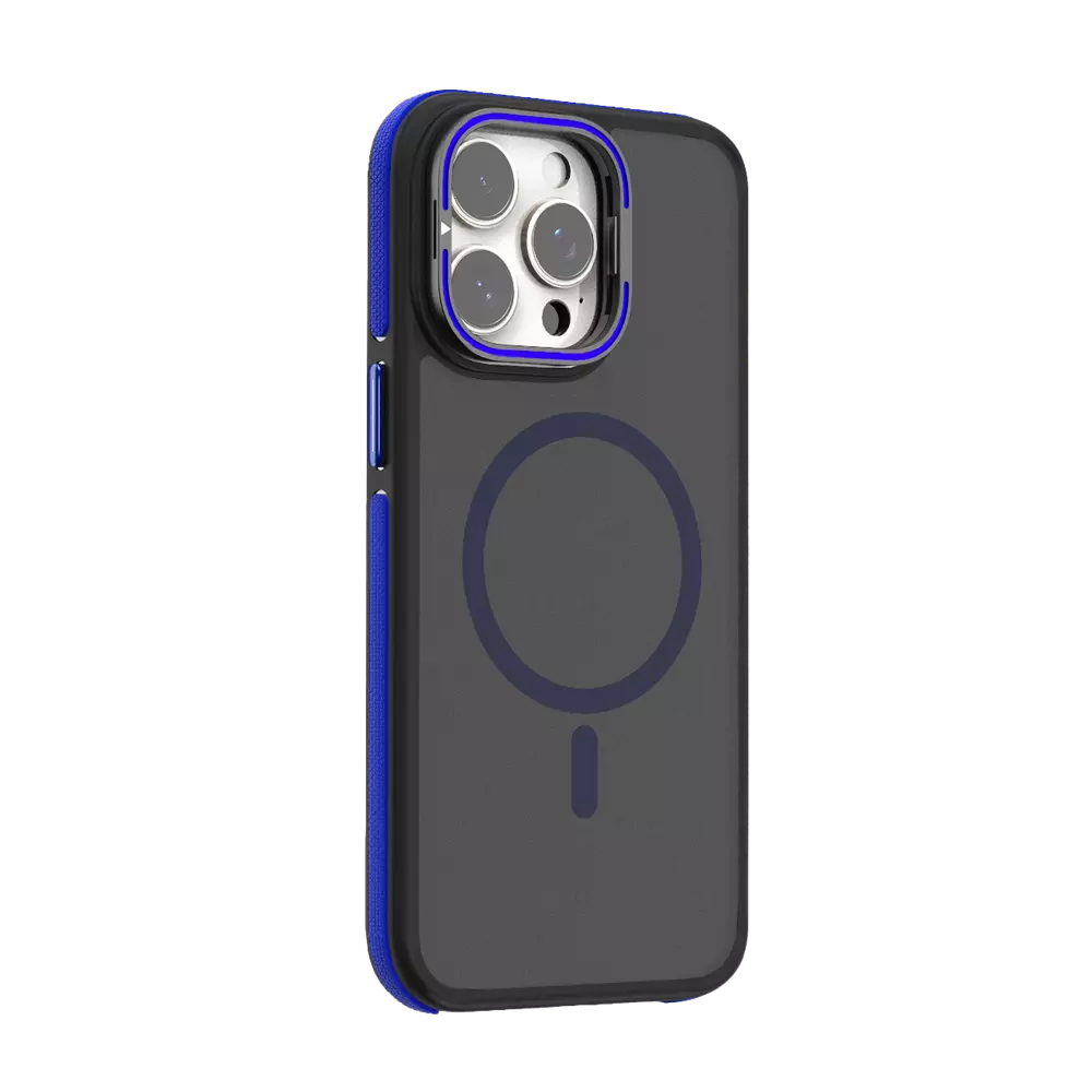 Navy ProMag Grip case fitted to an iPhone 15 Pro.