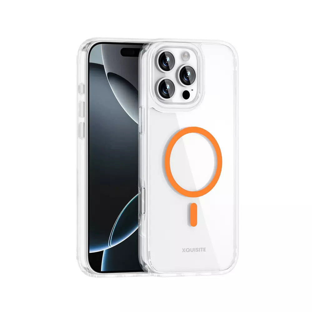 Orange ProMag Vibe case fitted to an iPhone 15.