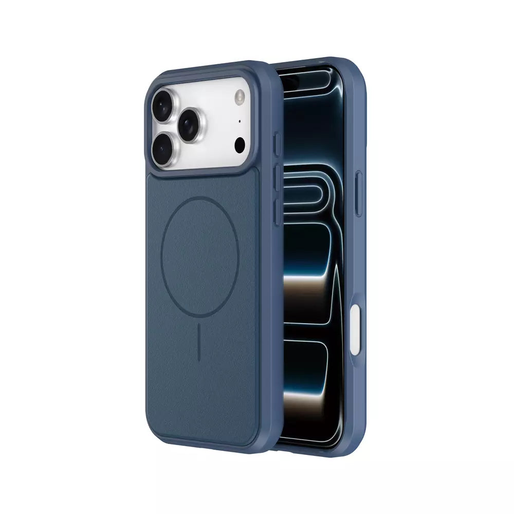 Navy ProMag Leather case fitted to an iPhone 14 Pro Max.