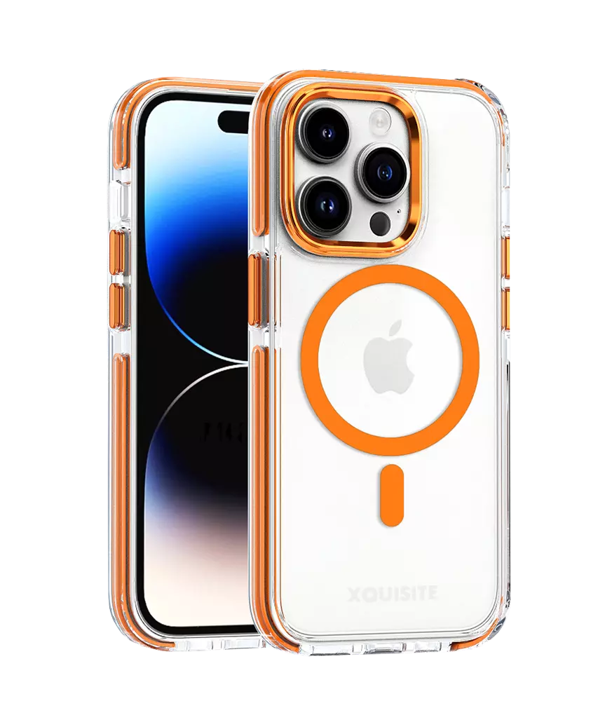 Orange ProMag Xtreme case fitted to an iPhone 13 Pro Max.