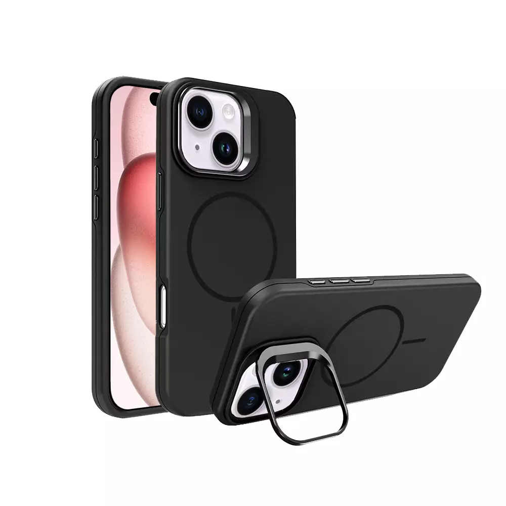 Black ProMag Lux case fitted to an iPhone 15.
