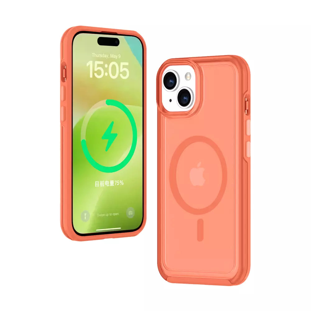 Orange ProMag Matte case fitted to an iPhone 15.