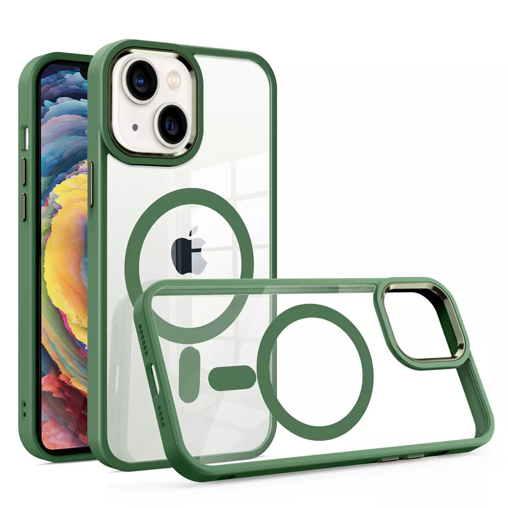 Green ProMag Metallic case fitted to an iPhone 13.