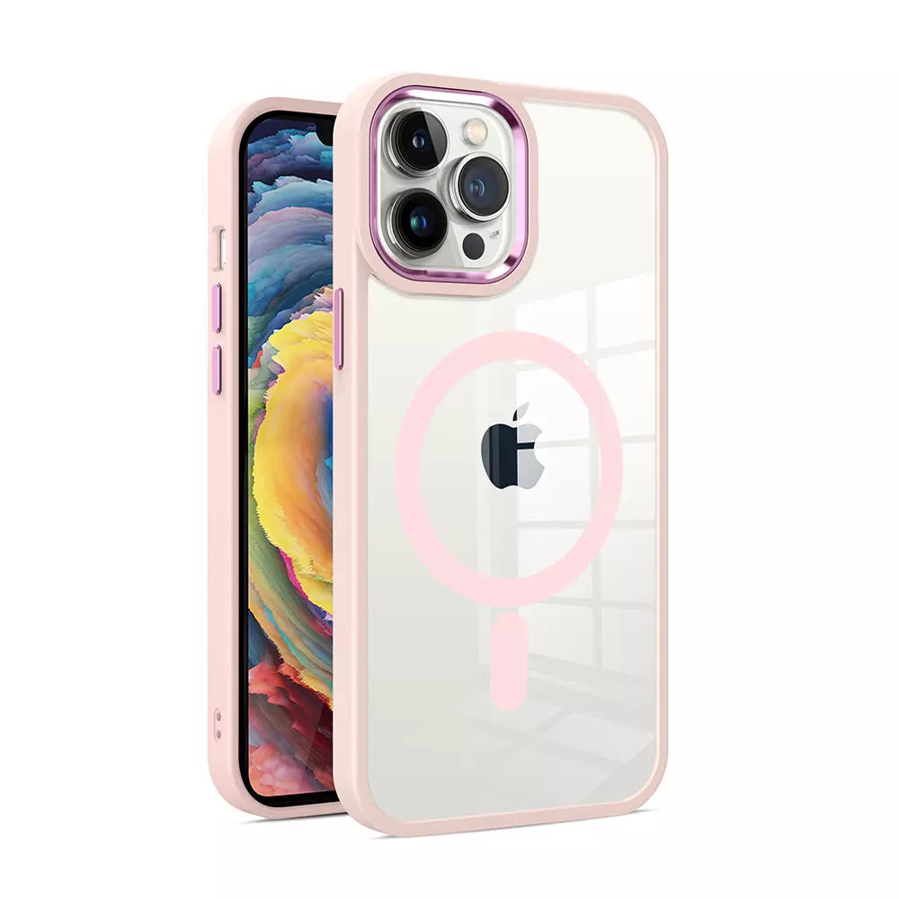 Pink ProMag Metallic case fitted to an iPhone 12.