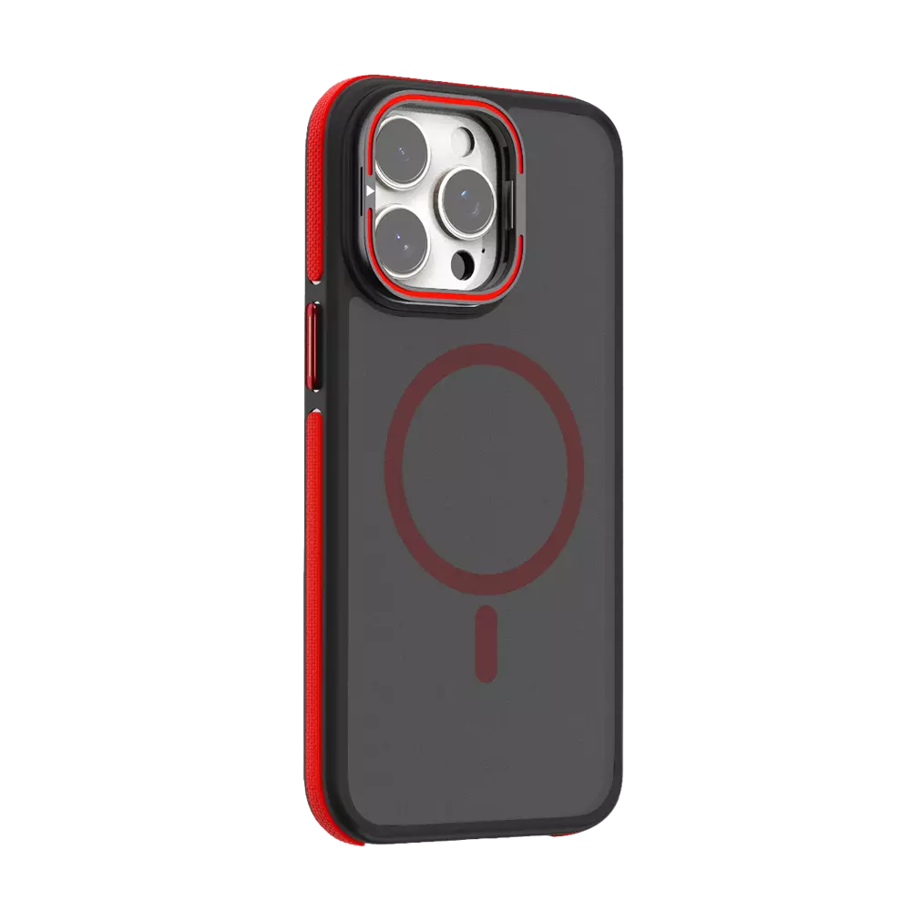 Red ProMag Grip case fitted to an iPhone 15 Pro.