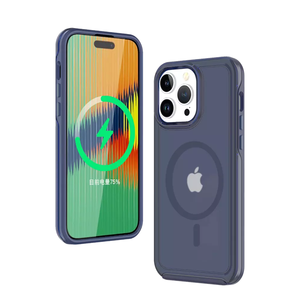 Navy ProMag Matte case fitted to an iPhone 15 Pro.