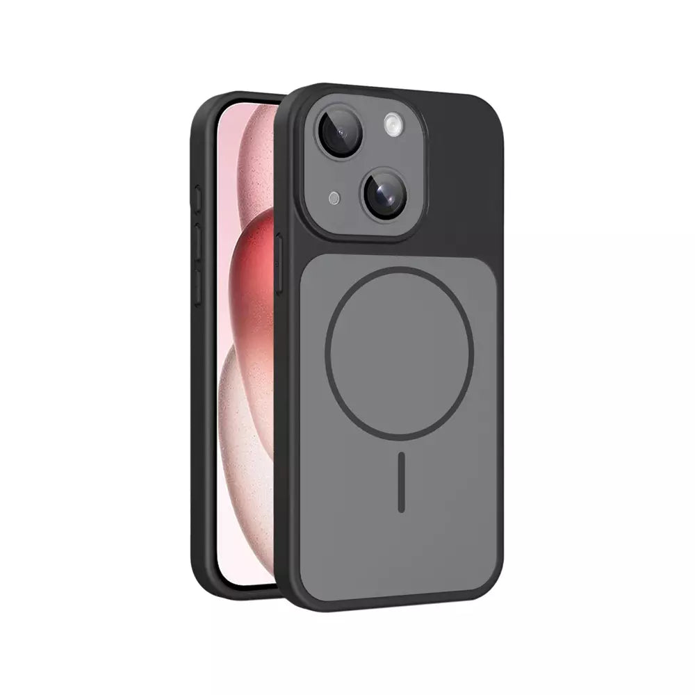 Black ProMag Lenshield case fitted to an iPhone 15.
