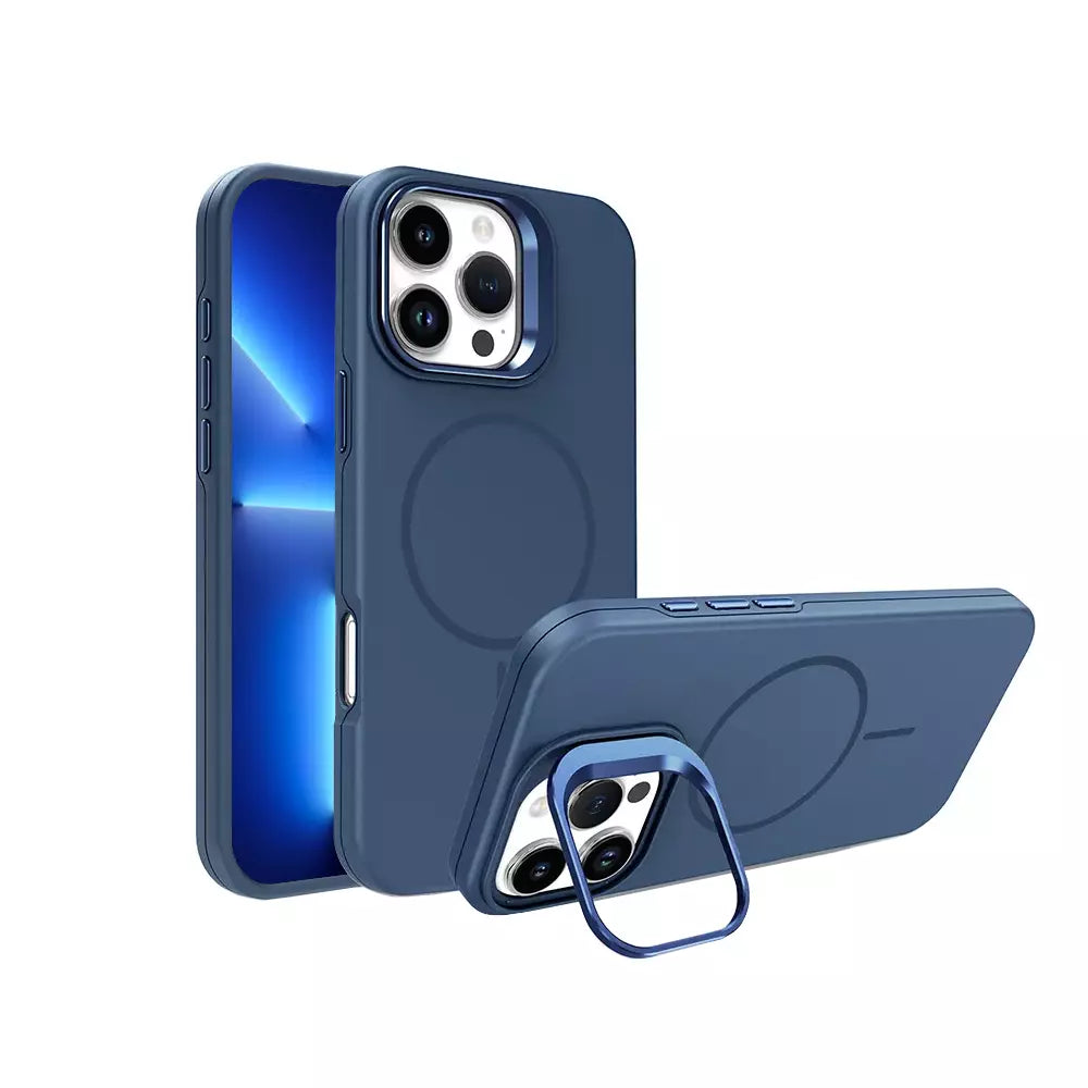 Navy ProMag Lux case fitted to an iPhone 13 Pro Max.