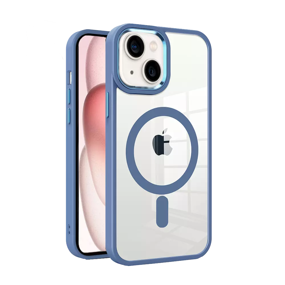 Navy ProMag Metallic case fitted to an iPhone 15.