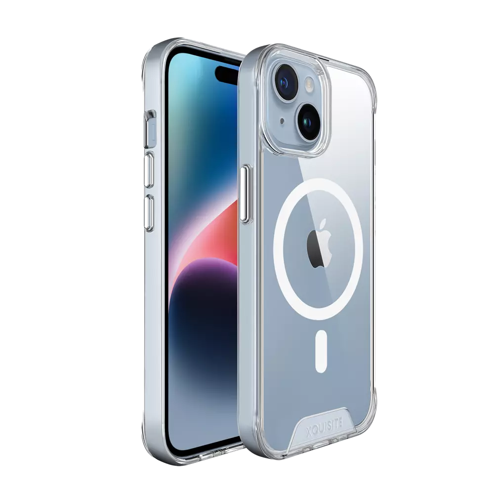 ProMag Clear case fitted to an iPhone 15, showing the phone through the back.