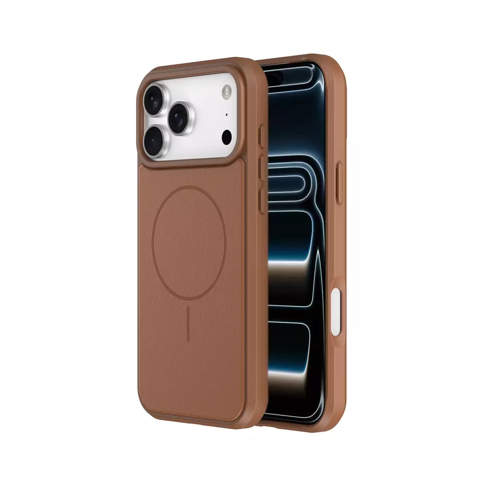 Brown ProMag Leather case fitted to an iPhone 14 Pro Max.