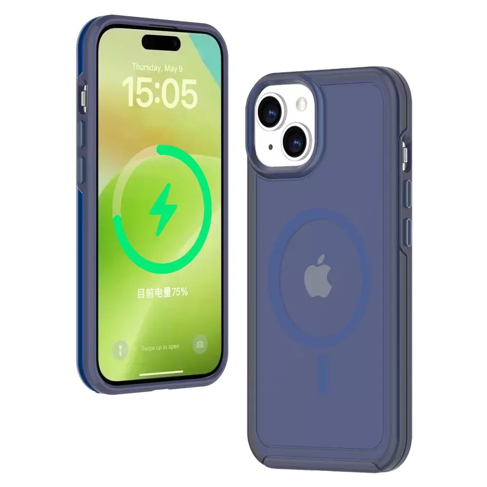 Navy ProMag Matte case fitted to an iPhone 15.