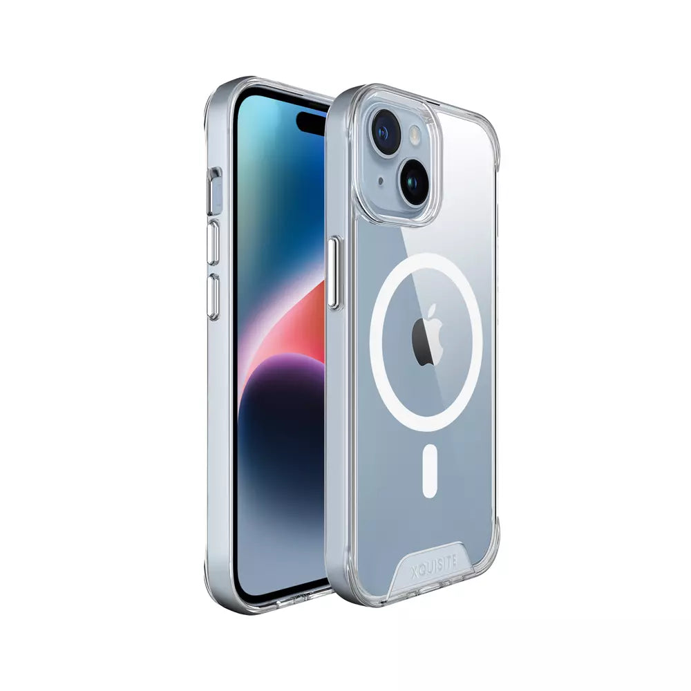 ProMag Clear case fitted to an iPhone 15 Plus, showing the phone through the back.