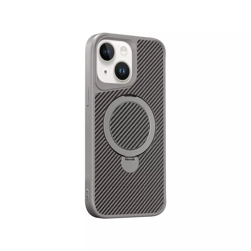 Grey ProMag Kevlar360 case fitted to an iPhone 15.
