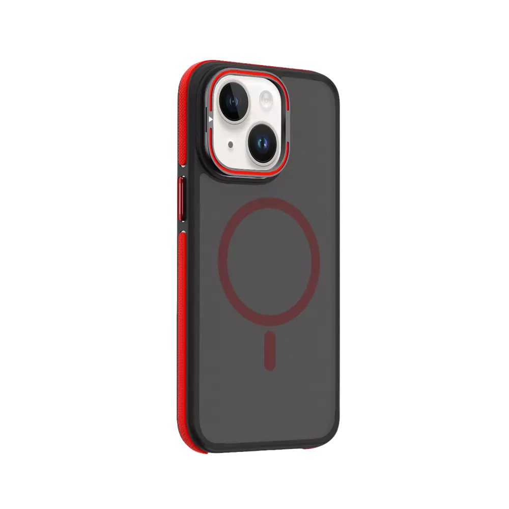 Red ProMag Grip case fitted to an iPhone 14.