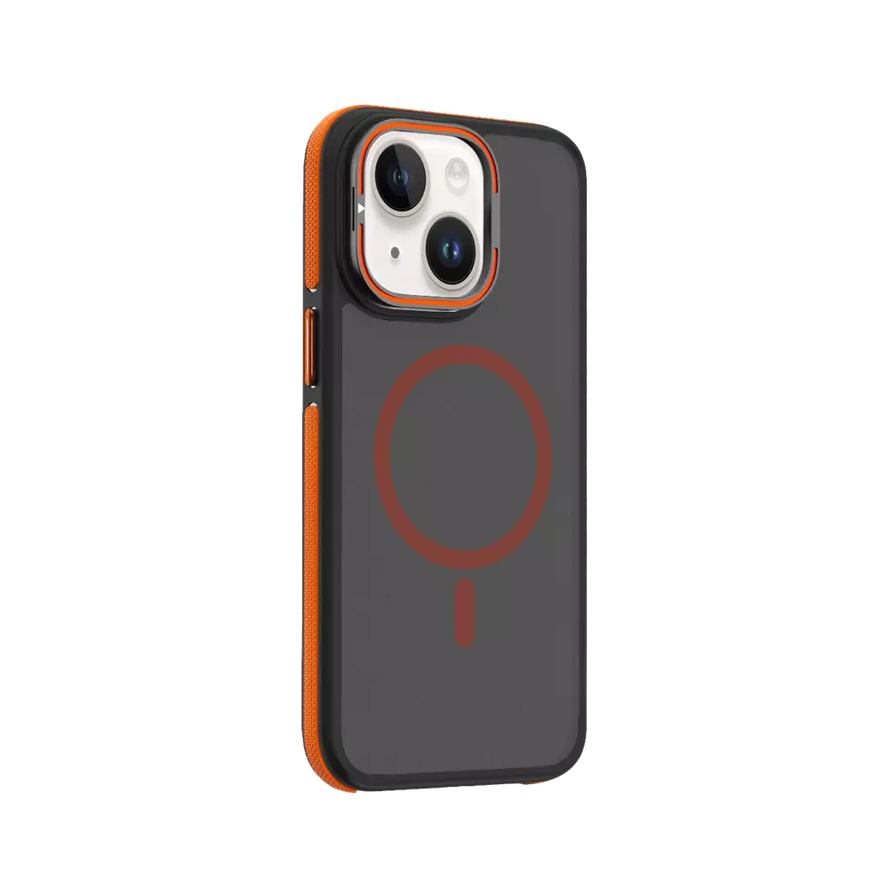 Orange ProMag Grip case fitted to an iPhone 15.