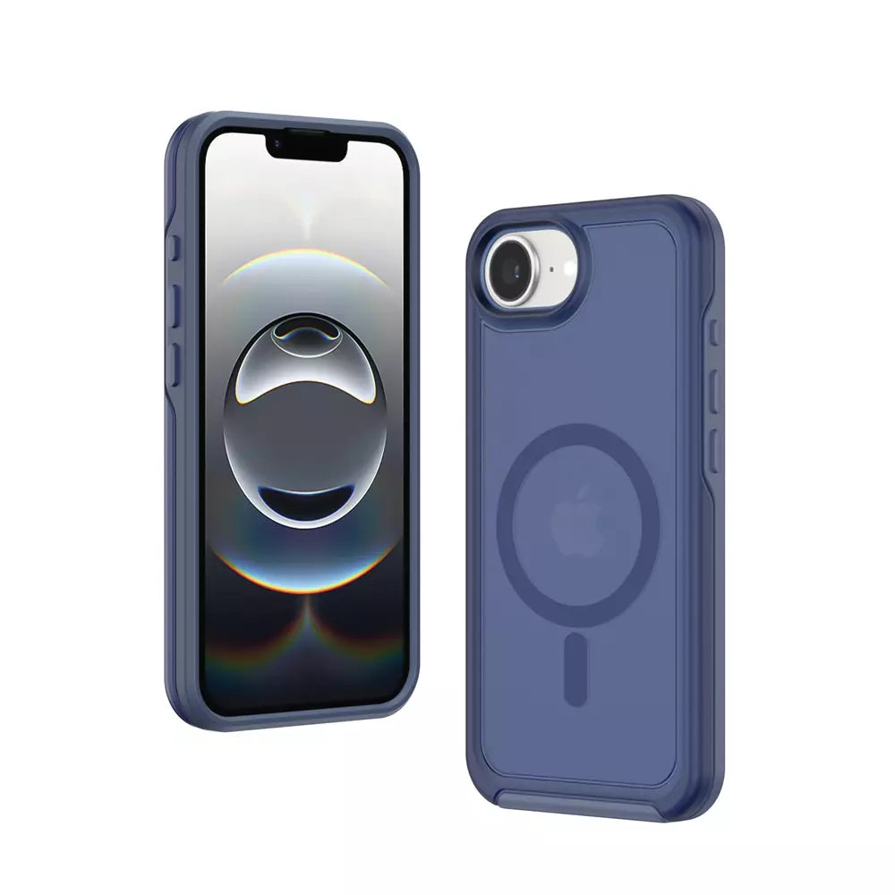 Navy ProMag Matte case fitted to an iPhone 15 Plus.