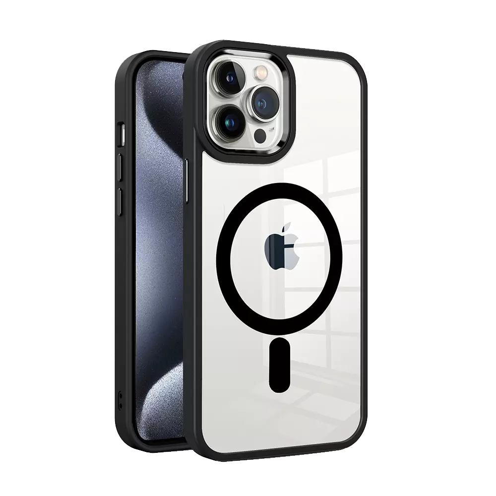 Black ProMag Metallic case fitted to an iPhone 15 Pro.