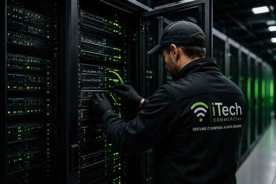 iTech Commercial engineer securely working in a data centre server rack