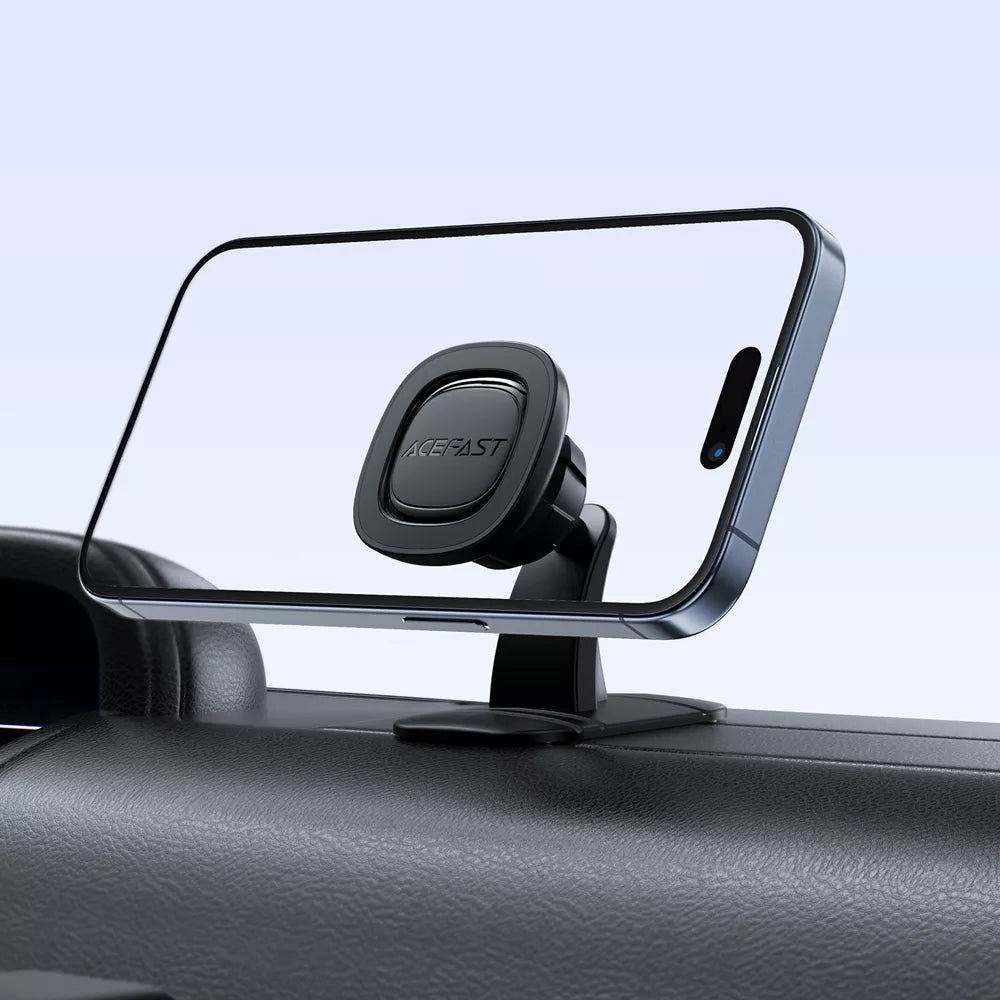 Small black Acefast magnetic phone holder standing on a car centre console.
