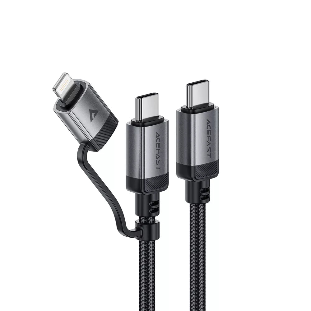 Acefast black braided 2 in 1 charging cable with USB-C and Lightning connectors.