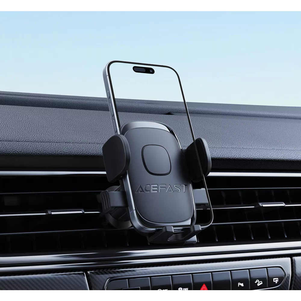 Black Acefast clamping phone holder locked onto a car air vent blade.