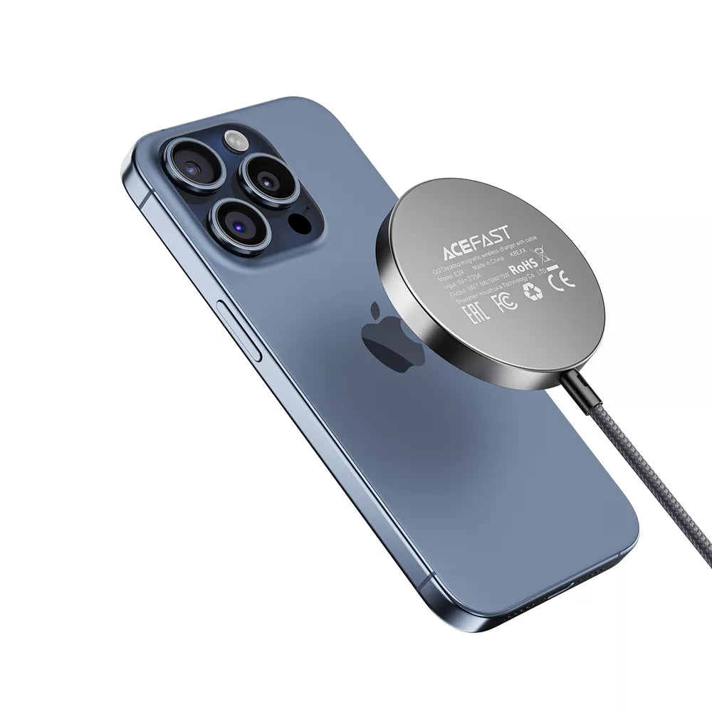 Black Acefast magnetic Qi2 charging puck on a braided USB-C cable.