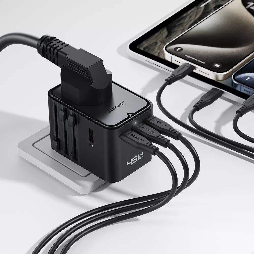 Black Acefast GaN travel adapter with five charging ports and a fold-out plug.