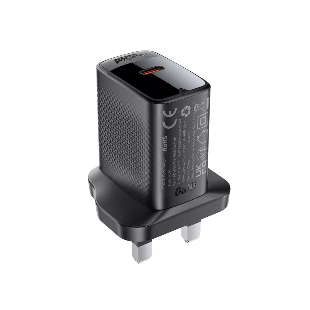 Black Acefast 30W UK plug with a single USB-C port.