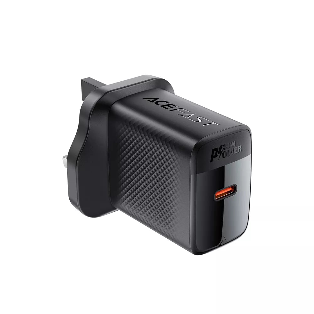 Black Acefast 30W UK plug with a single USB-C port.