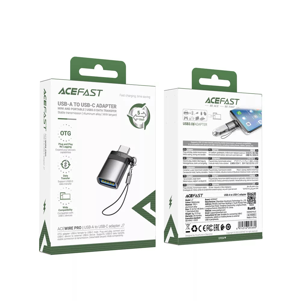 Small Acefast adapter with a USB-A plug and a USB-C socket.