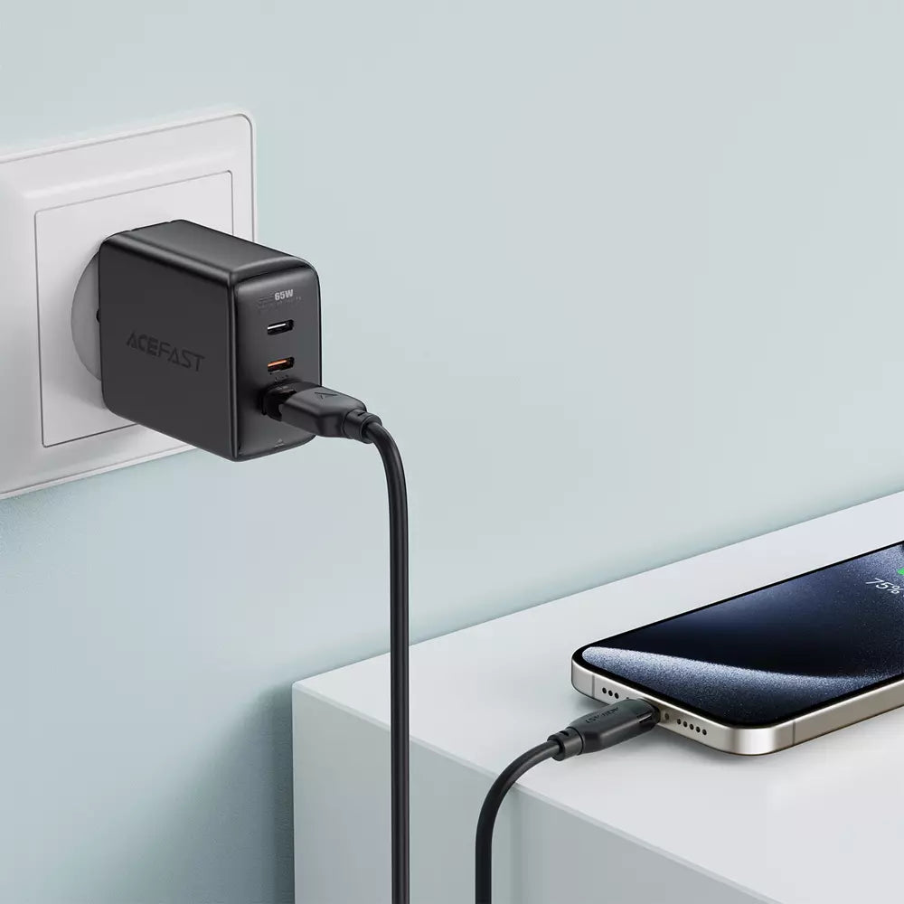 Black Acefast USB-A to USB-C charging cable with a smooth TPE finish.