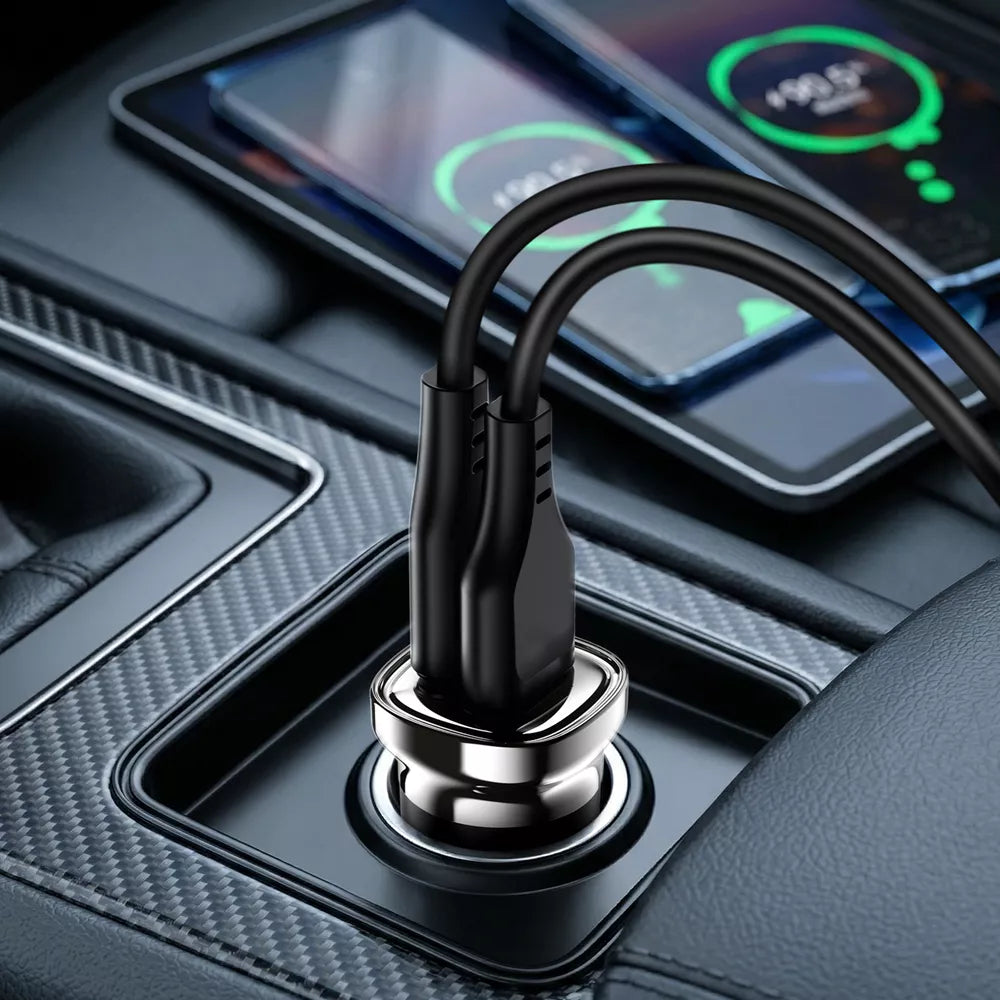 Small black zinc alloy Acefast car charger with two ports, shown upright.