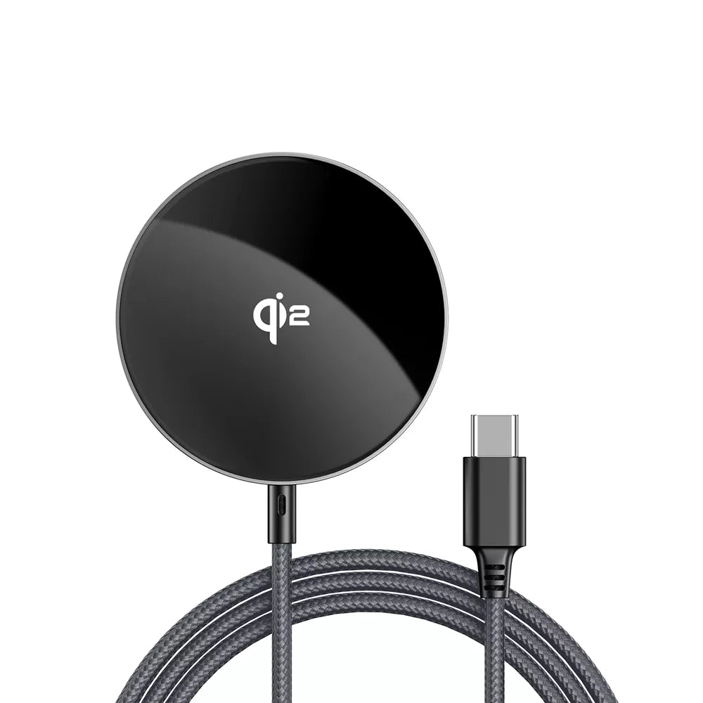 Black Acefast magnetic Qi2 charging puck on a braided USB-C cable.