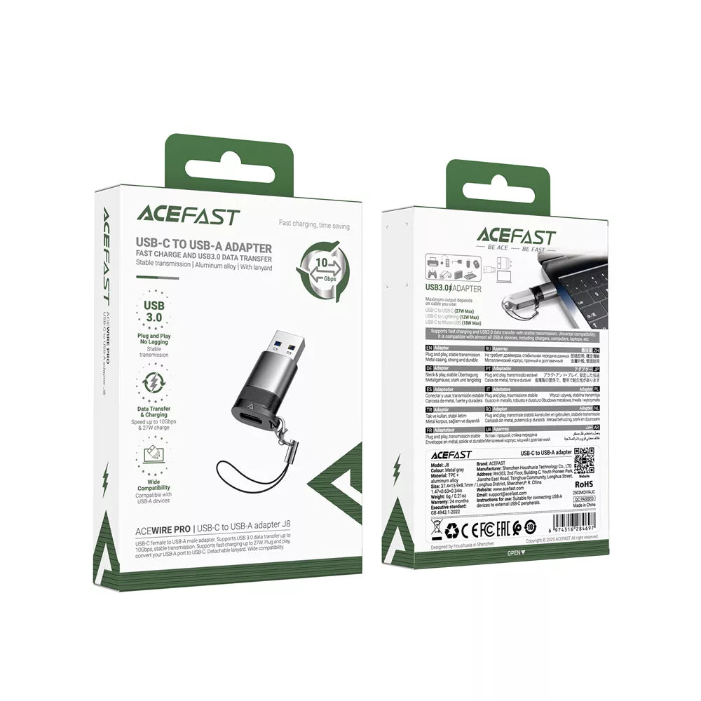 Small aluminium Acefast adapter with a USB-C plug and a USB-A socket.