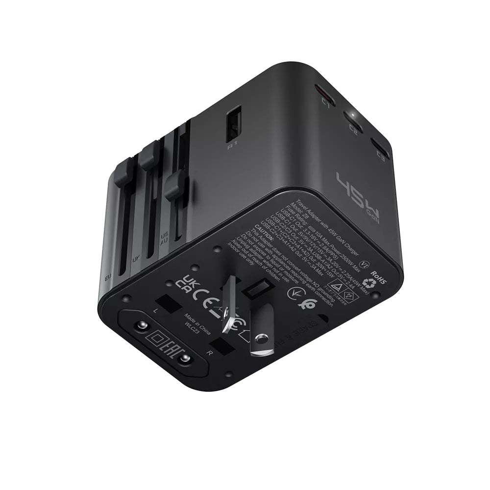 Black Acefast GaN travel adapter with five charging ports and a fold-out plug.