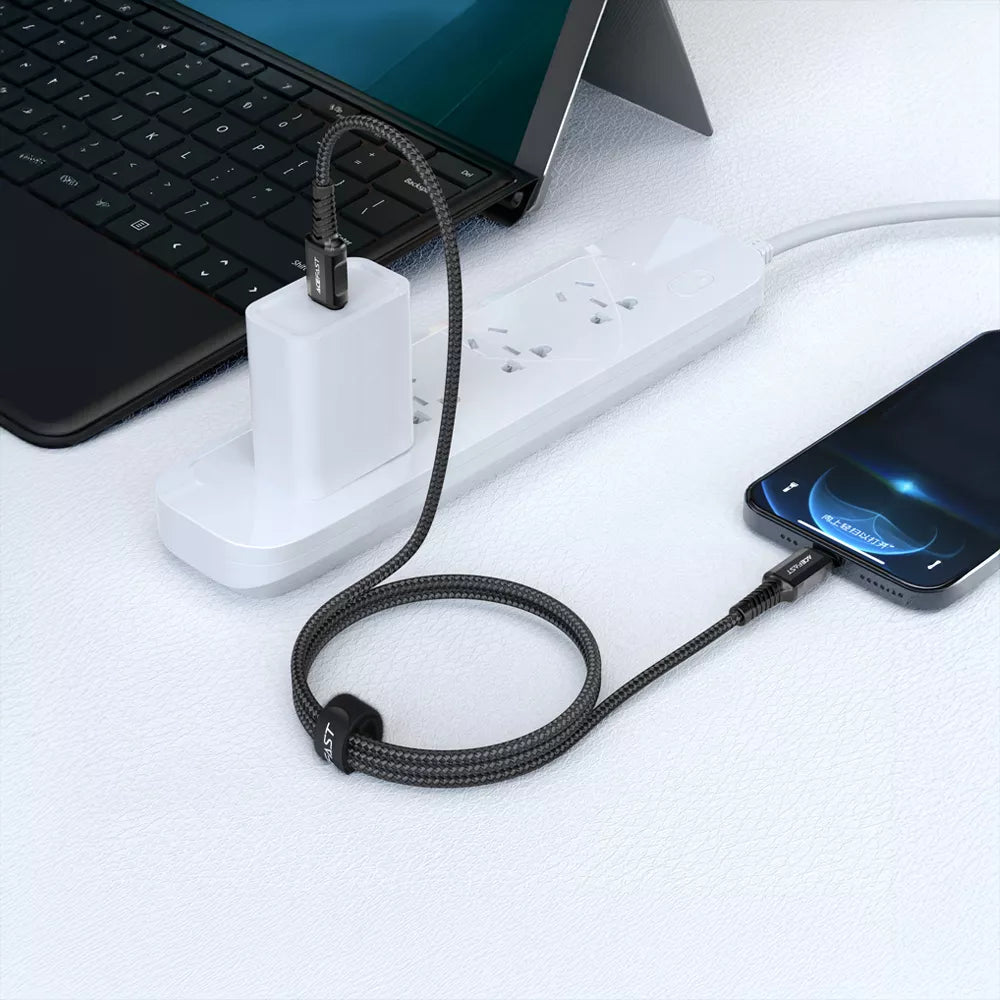 Black braided Acefast USB-C to Lightning cable with alloy connectors.