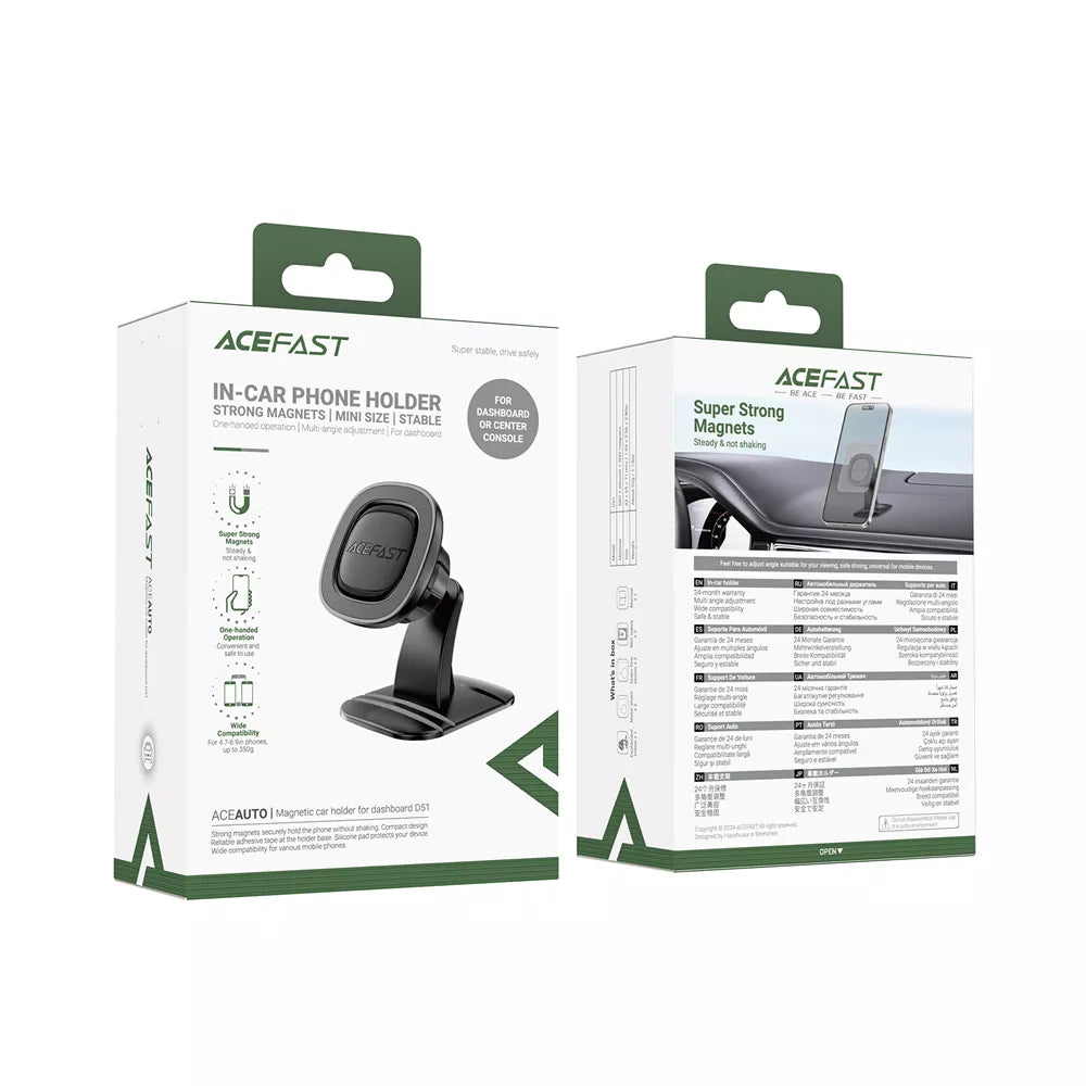 Small black Acefast magnetic phone holder standing on a car centre console.
