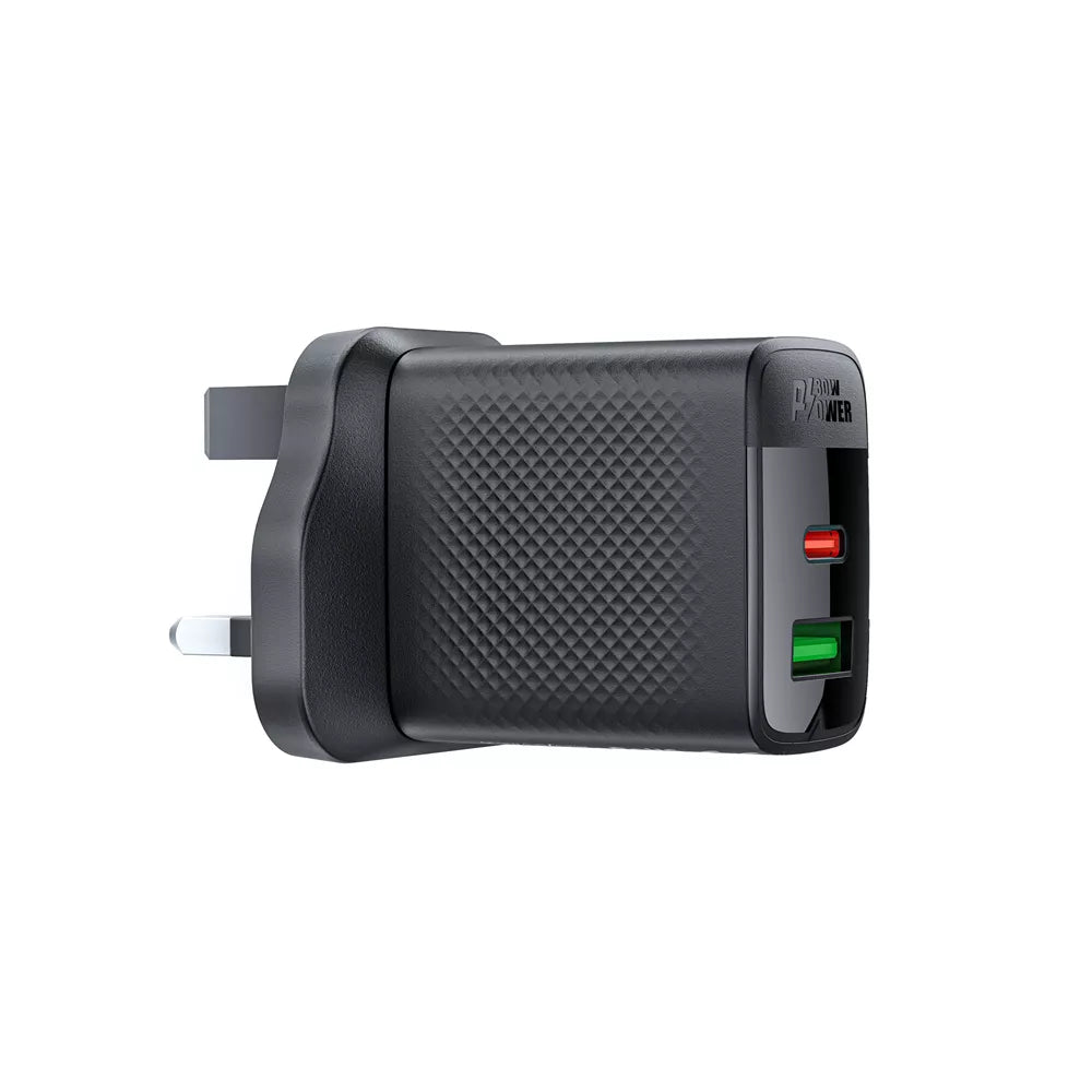 Black Acefast 30W UK plug with a USB-C and a USB-A port.