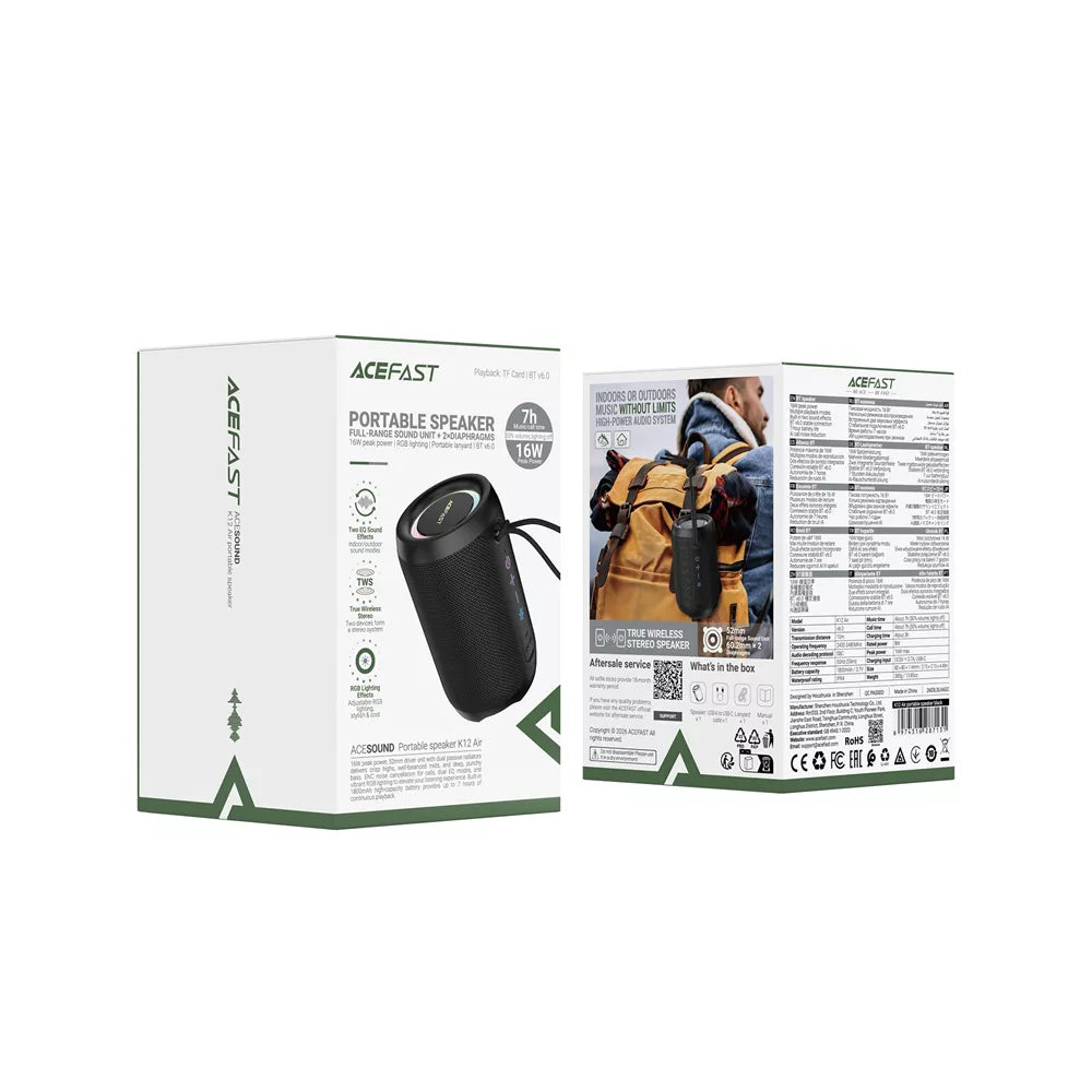 Black Acefast portable Bluetooth speaker with a fabric mesh grille, standing upright.