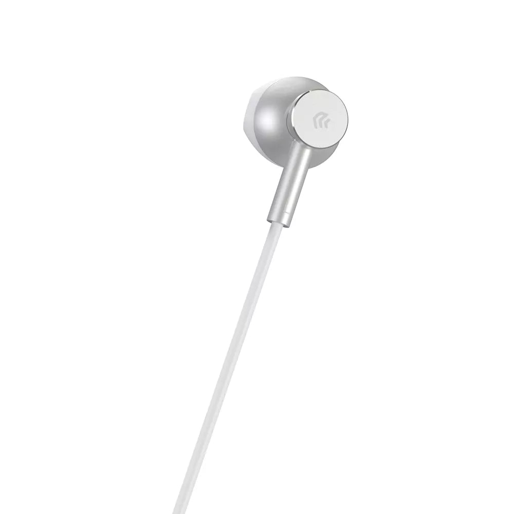 Silver Devia metal in-ear earphones with a USB-C plug and inline control.