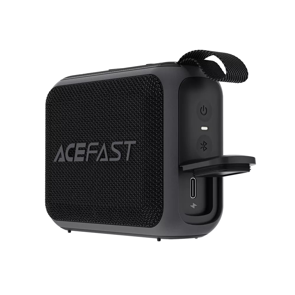 Black Acefast waterproof Bluetooth speaker with a mesh grille and wrist lanyard.