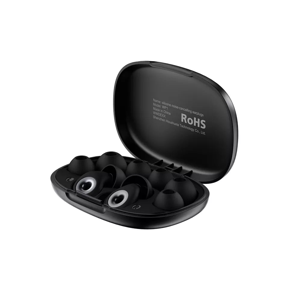 Black Acefast noise cancelling earplugs resting beside their small charging case.