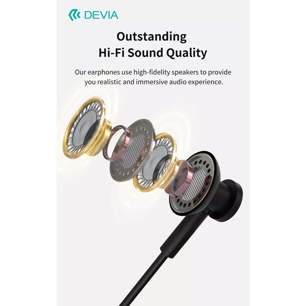 Silver Devia metal in-ear earphones with a USB-C plug and inline control.