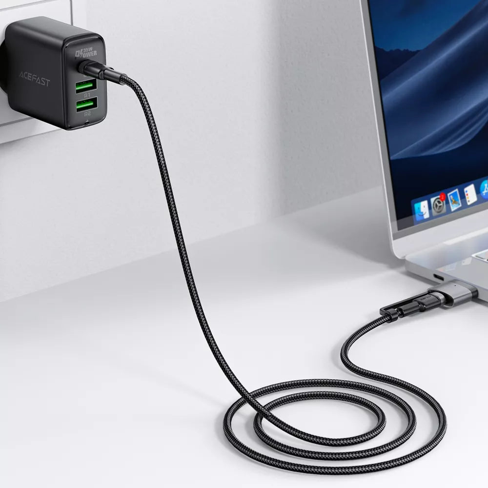 Black braided Acefast cable with a USB-C end and a magnetic MagSafe 3 tip.