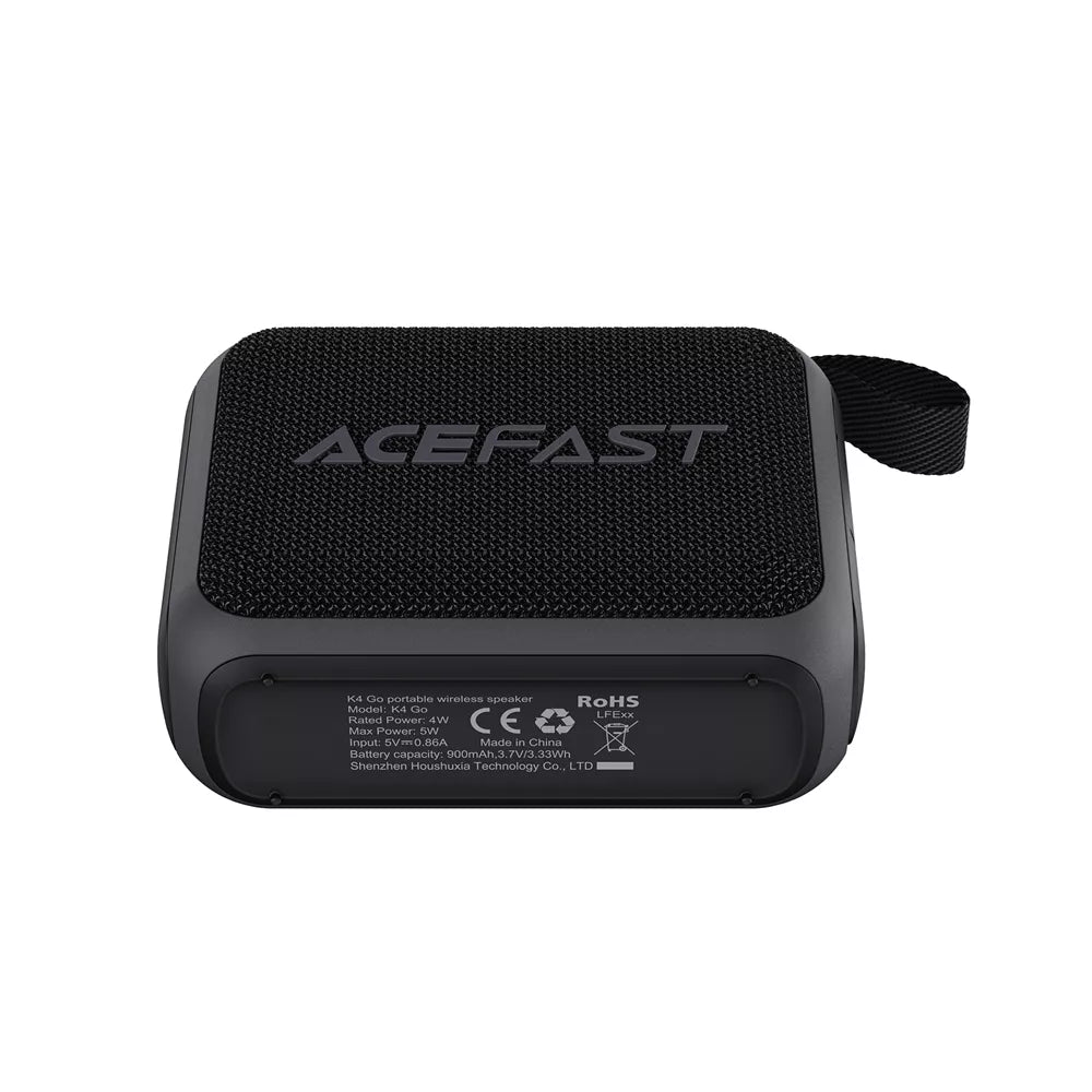 Black Acefast waterproof Bluetooth speaker with a mesh grille and wrist lanyard.