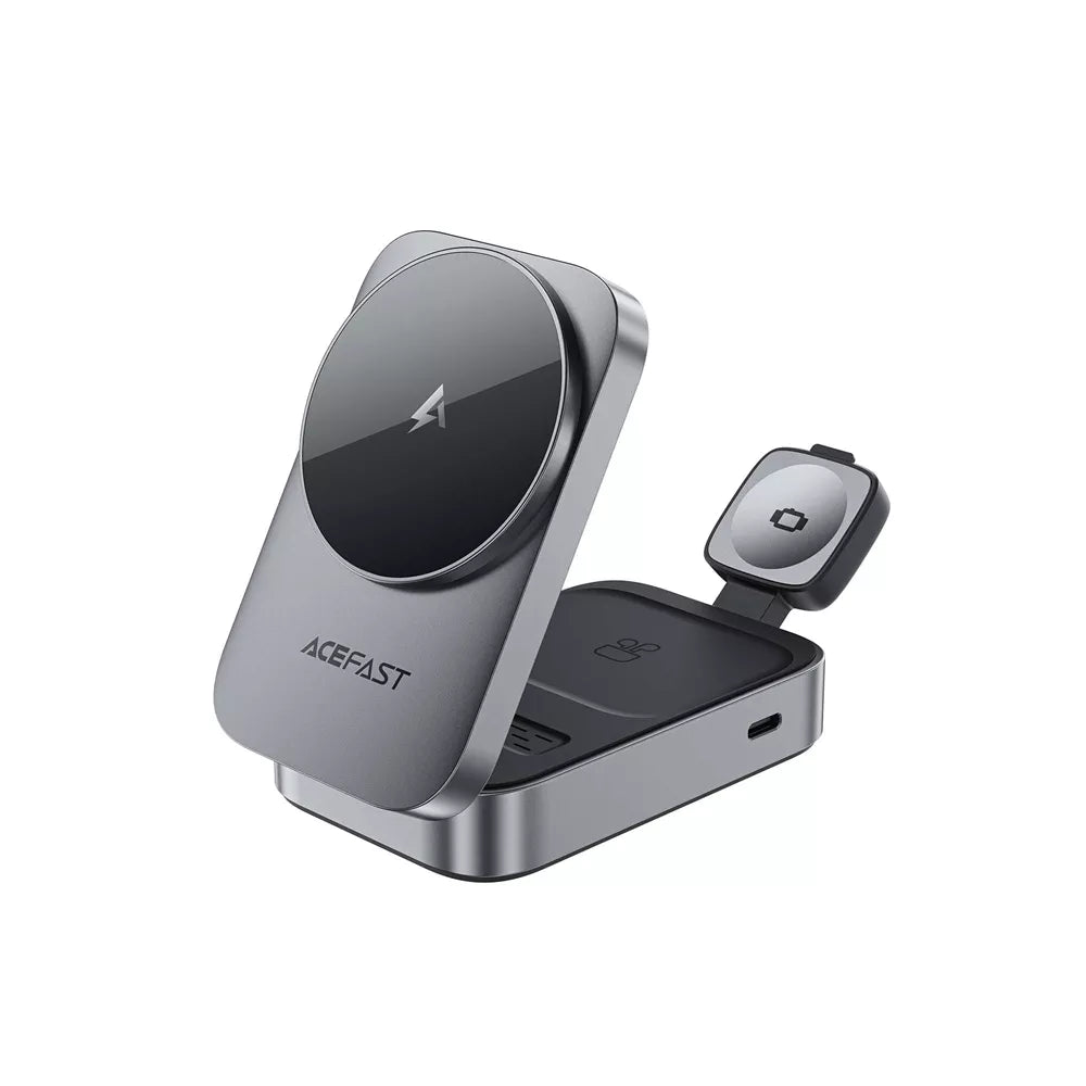 Grey Acefast folding charging station holding an iPhone, AirPods case and Apple Watch.
